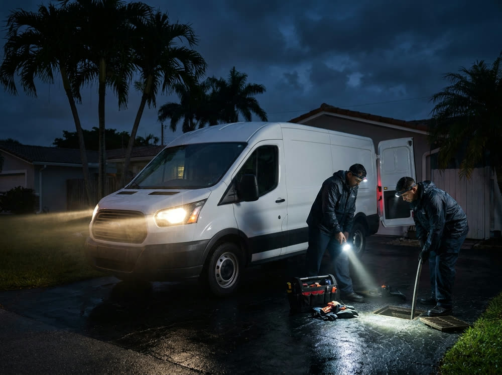Emergency plumbing service at night in Miami